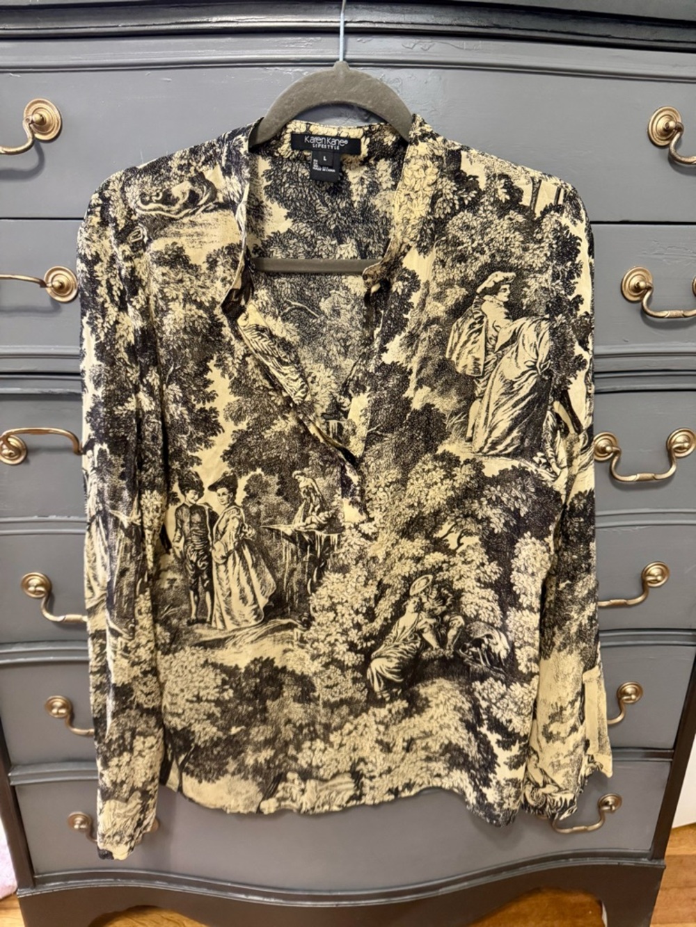 Karen Kane Black and Cream Toile V-Neck Blouse
